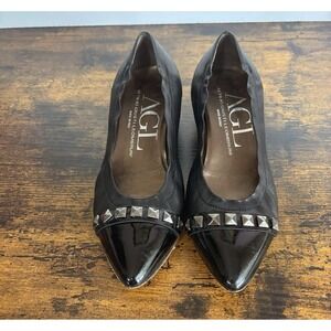 AGL Leather Pumps Womens Sz‎ 6 Black Low Heel Metal Accent Classic